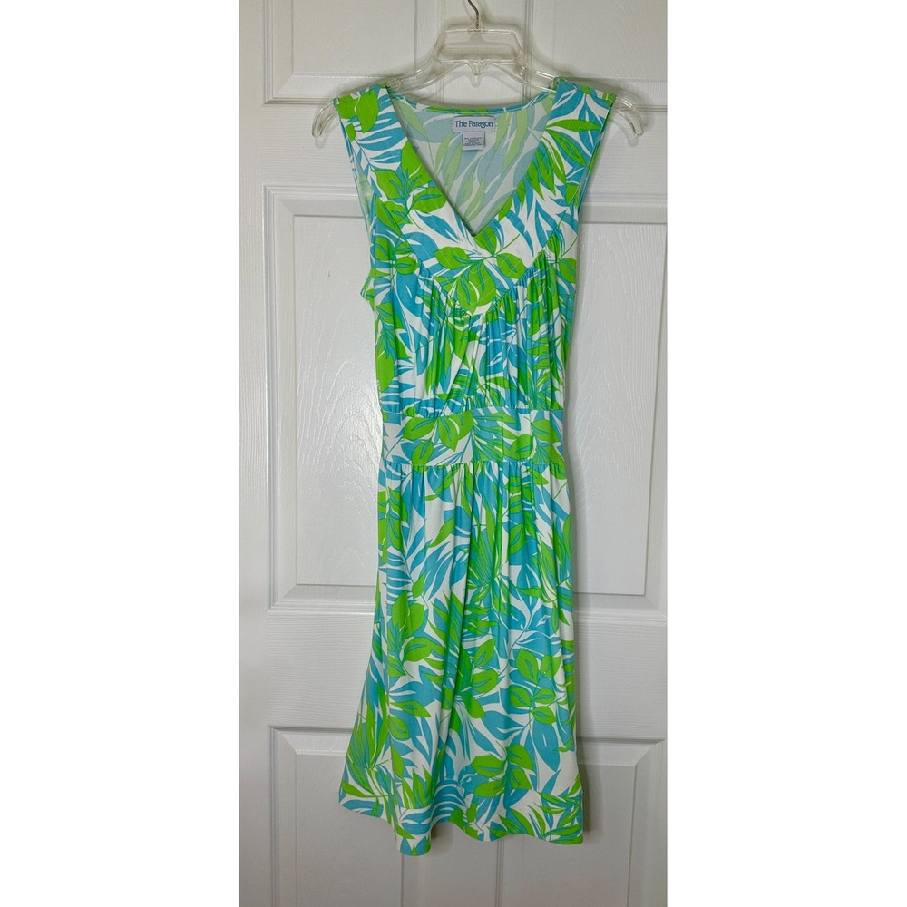 The Paragon Tropical Leaf Midi Dress Womens Large Green Blue V-Neck Tie